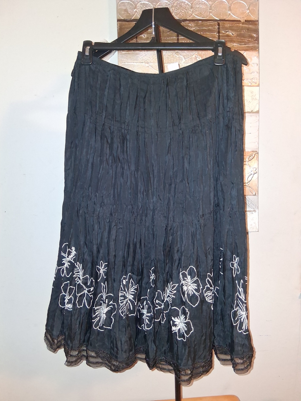 Black Market Black Maxi Skirt with White Floral Embroidery Size XL